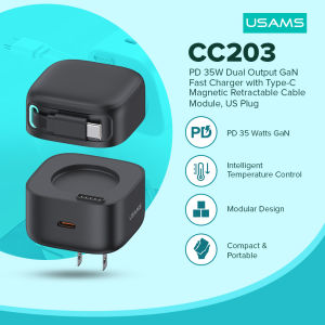 Usams CC203 Retractable magnetic Charger Built in Expandable 80cm length cable PD35W Dual Output GaN quick Charger With Type-C Fast Charging Cable