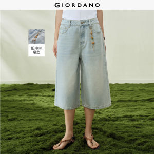 Giordano Women Washed Wooden Bead Dangling Five Pocket Denim Five-Quarter Pants - Slimming Effect & Durable Quality - Slimming & Comfortable Free Shipping 18426804
