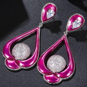 SEQUITO Luxury Rose Red Water Drop Long Pendant Earrings Micro-pave CZ Round Lady Fashion Chunky Jewelry Dress Accessories SE269
