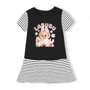 Dress Anak Perempuan LABUBU Motif Kartun Short Sleeve dengan Kerah Bulat untuk Usia 1-8 Tahun