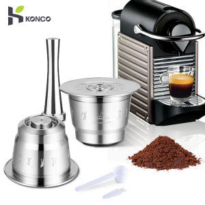 Konco Reusable Coffee Capsule set Stainless Steel Metal Refillable Coffee Capsule Filters Coffee Tamper for Inissia & Pixie Coffee Maker