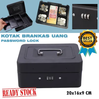 Kotak Uang Dokumen Cashbox Password Lock 20x16x9CM Kotak Kasir Kas Berangkas Berankas Besi Mini Celengan Brangkas Deposit Security Safety Box Wadah Tempat Penyimpanan Duit Emas Perhiasan Tabungan Storage Organizer Aman Portable Safebox - Black