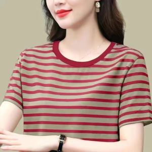 Áo kiểu nữ kiểu dáng rộng rãi dễ phối đồ tay ngắn họa tiết sọc cổ tròn có 6 màu.