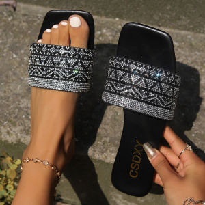[Free Shipping] Rhinestone Flat Slippers For Women Square Toe Slip-On Home Slippers Large Size Flat Slippers