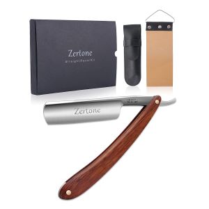 Bộ dao cạo thẳng Zertone dành cho nam giới kèm dây lau dao - Dao cạo thẳng cán gỗ tự nhiên - Dao cạo thẳng lưỡi cắt bằng thép carbon sắc bén độ cứng cao bộ dụng cụ cạo râu tay cầm gỗ cổ điển dao cạo thợ cắt tóc.