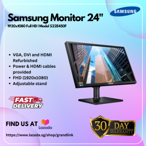 Samsung Monitor 24" FHD | 1920x1080 | With adjustable stand | VGA DVI and HDMI ports | Refurbished as New