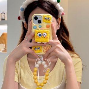【Hot】Liquid Silicone Phone Case Innovative Telescopic Holder SpongeBob Shape with Bracelet For iPhone 11 12 13 14 15 16 Series