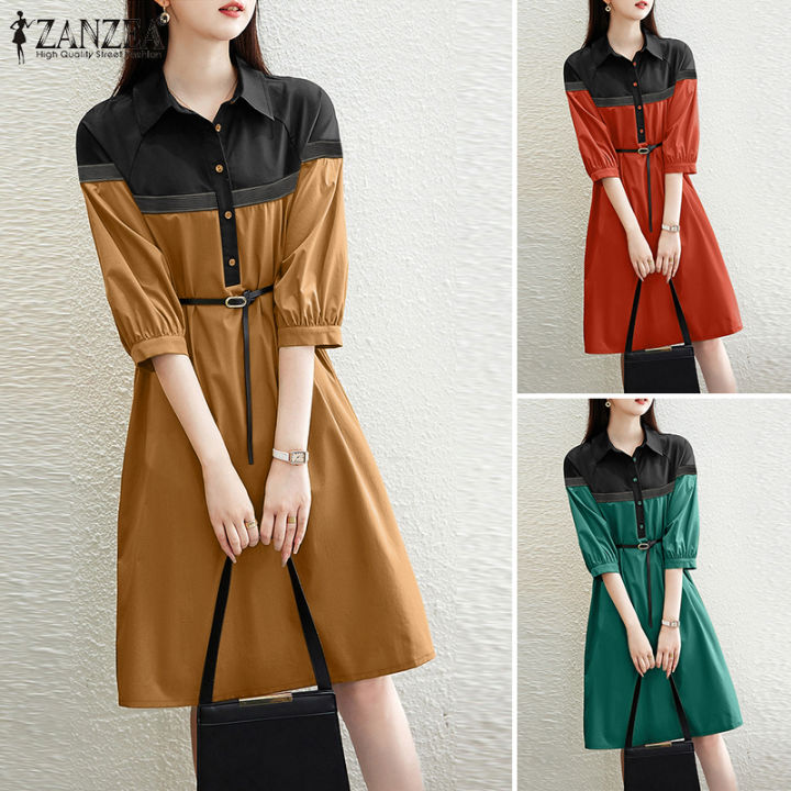 Esolo ZANZEA Korean Style Women Elegant Office 3/4 Sleeve Dresses Puff ...