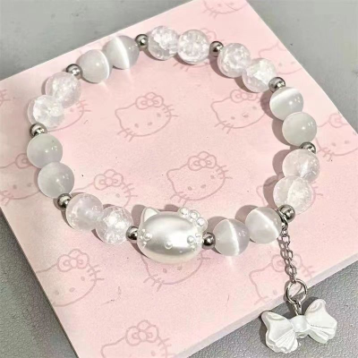Charming KT Cat Bow Bracelet for Women - Handmade Pearl Beads Jewelry