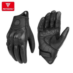 SltcrPasion Vintage Motorcycle Gloves Genuine Leather Sheepskin Windproof Durable Touch Screen Operation Design with Built-in Protector on Fist and Jount Motowolf