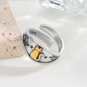 Cincin Retro Motif Kucing Lucu Untuk Pria Wanita Model Terbuka