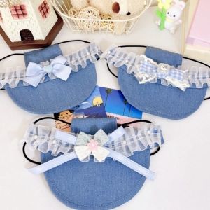 OUTOPEN Sweet Pet Sun Hat with Ear Holes Lace Bow Puppy Denim Cap Exposed Ear Hat Breathable Sun Protection Hat For Cat Dog