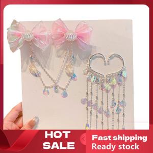 🚚【Local Express Delivery】🚚 Cartoon Girls Hair Clip Children Mermaid Princess Pearl Fringe Pink Purple Bow Forehead Chain Hairpin Fairy Earhook Accessories