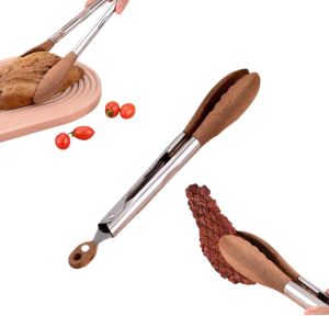 Cooking Tongs Walnut Wood Tongs Cooking Tong Stainless Steel Non-Slip Walnut Salad Wooden Tong Cookware Barbecue for Cook and Kitchen Salad Eco-Friendly (2pcs 12 in)