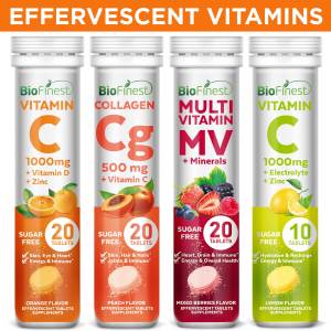 Biofinest Effervescent Vitamin C 1000mg Collagen MultiVitamin B C D E Electrolyte Calcium Magnesium Zinc - Sugar Free Fast Action - For Flu Cold Immune Hair Skin Nail Eye Joint Energy Sports Exercise Hydration Supplement (10/20s Fizzy Drink Tablets)