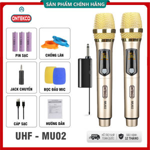 Micro hát karaoke chất liệu vỏ nhựa đầu mic thép - míc hát chuyên nghiệp Ontekco Mu02 màu xanh đỏmàu vàng không dây