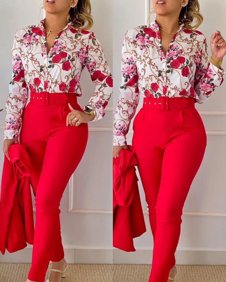 Printed Two Piece Plus Size Trouser Suits With Elegant High Waist Top And  Long Sleeve Shirt For Casual And Office Wear From Maoyiyi, $20.61