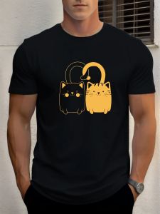 2025 Summer Mens Cotton T Shirt Double Cat Trendy Print Round Neck T-Shirt Casual Breathable Street Style Daily Top
