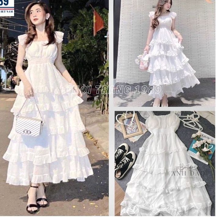 Váy kiểu tiểu thư V.091, Váy trắng trễ vai dây nơ chéo dài tay chun eo 2  lớp 3 tầng bèo ngang chảnh xả | Shopee Việt Nam
