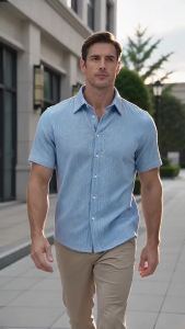 Men Vertical Wrinkle Textured Mandarin Collar Short Sleeve Button Shirt Loose Fit Summer Beach Travel Daily Casual Top