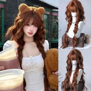 SIRENXI Lượn sóng Tóc giả xoăn chất liệu tổng hợp có mái. Màu cam nâu. Phong cách Tóc giả tết đôi dài Toàn bộ đầu Lolita Tóc giả hóa trang Halloween Hàng ngày
