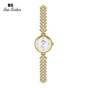 BS Bee chị thời trang nữ đồng hồ thường ngày dây hợp kim thép không gỉ không thấm nước Đồng hồ Quartz thanh lịch Kim cương toàn bộ rhinestone sang trọng vàng bạc hình tròn đồng hồ đeo tay Nữ 1435