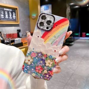 Sarung HP Iphone 11/12/13/14/15 Pro Max Warna-Warni dengan Ring Kamera Diamond & Aksen Floral Glitter