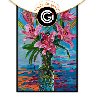 Tranh tĩnh vật hoa loa kèn màu hồng trong bình thủy tinh.Tranh treo tường dán tường trang trí nội thất.CGI-896