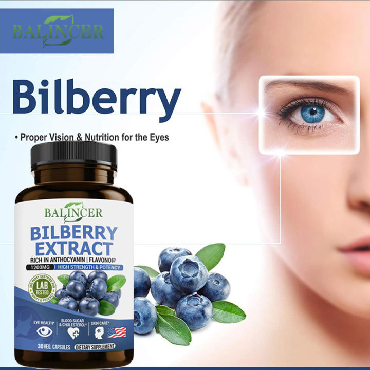 Bilberry extract supplement supports eye health and vision, anti-aging, beauty and brain health, lowers blood sugar and cholesterol levels.