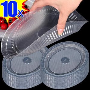 ENCOUNT 10pcs/pack โปร่งใส จานอาหาร พลาสติก รูปทรงกลม รูปไข่ จานสลัดผลไม้ ใหม่ ใช้แล้วทิ้ง จานปิคนิค บ้านกลางแจ้ง