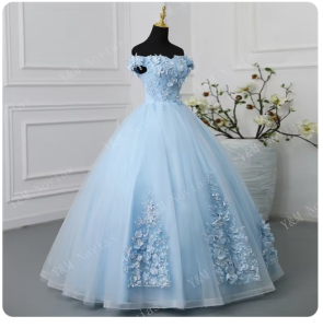 GAUN WEDDING / GAUN PENGANTIN BIRU /DRESS PESTA BUNGA BIRU APLIKASI / GAUN PENGANTIN ELEGANT CANTIK