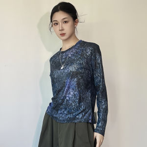 AMMIN 2025 Autumn New Simple Round Neck Fashionable High Elastic Mesh Long Sleeve T-Shirt for Women Korean Style Retro Floral Print Casual Elegant Blouse