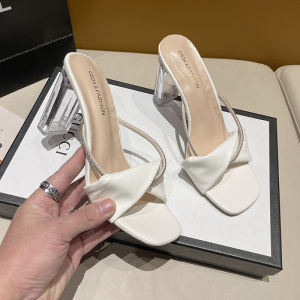 [Free Shipping] Transparent high-heeled sandals for women 2025 summer new style versatile open-toe chunky heel crystal slippers