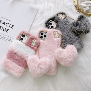 for Samsung A72 A52 A52s A42 A32 A22 A12 A02 A71 A51 A31 A21 A21s A11 Pretty Furry Case with Fur Heart Ball Soft Warm Furry Cute Back Case Luxury Rhinestone + Girly Faux Fur Fluffy Shockproof Protective Cover Women Girls