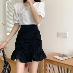 Womens Skirts Fishtail Skirts Spring High Waist A-line Short Skirts Pleated Pack Hip Ruffles White Skirts Safety Pants