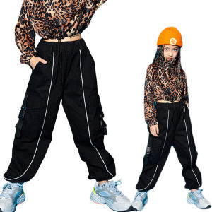 Rolanko Black Pants for Girls Hip Hop Street Jogger Cargo Trousers Dance Costume Loose Style Sport Active Pants Casual Bottoms wite Reflective Stripe