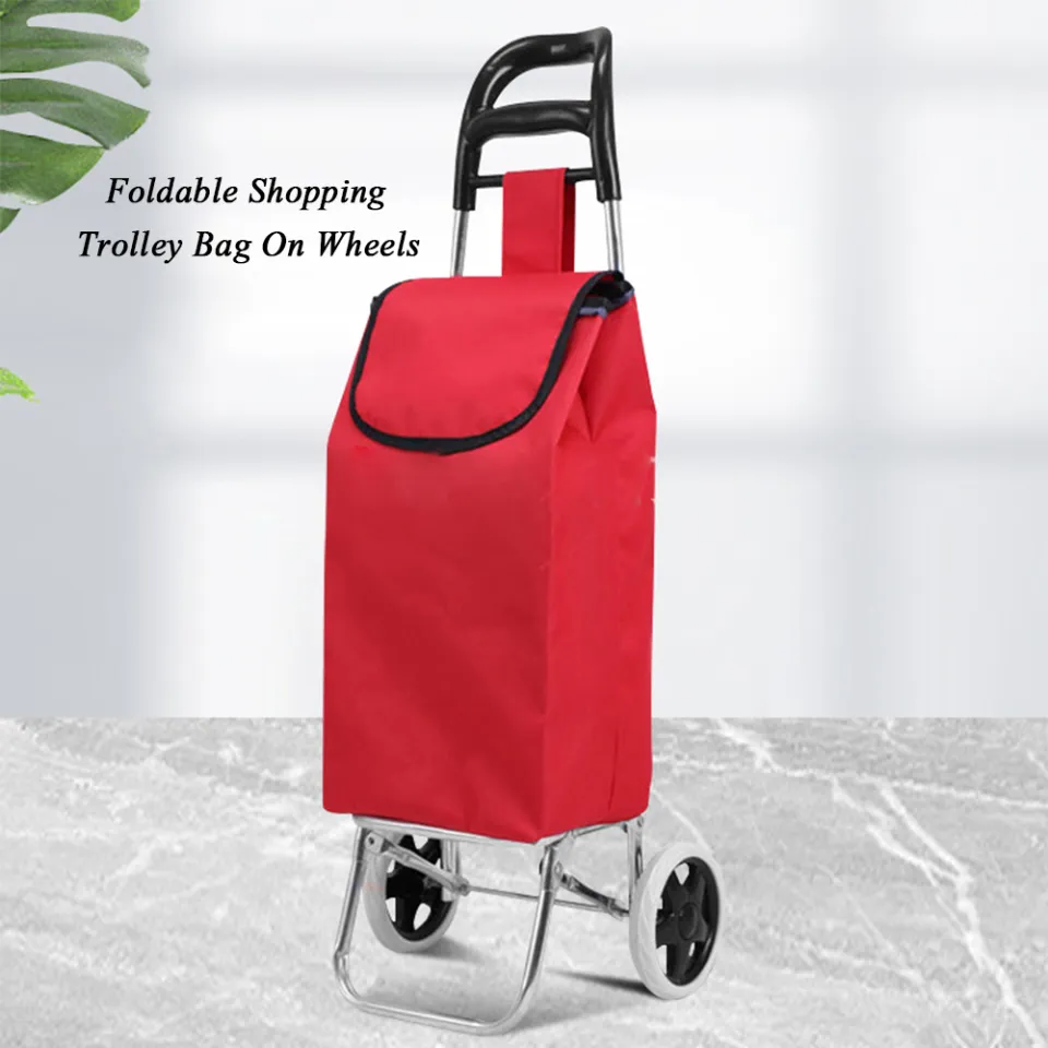 Foldable Shopping Trolley Bag On Wheels Push Tote Cart Carts Trolley Bag  Basket Luggage Wheels Oxford Fabric FoLding(Red)