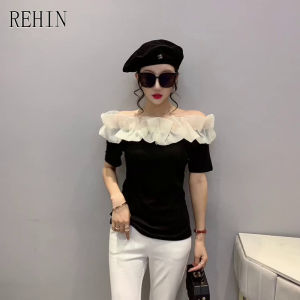 REHIN Womens top Slim type strapless ruffle one shoulder short sleeve shirt splicing solid colour etrend blouse