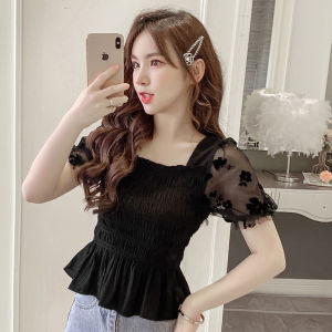 2024 Summer New Style Net Yarn Fight Reception Waist Korean Style Square Neck Short-sleeved Shirt Shirt Thin Short Shirt Women