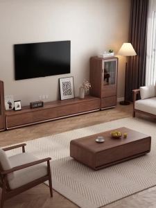 All solid wood edge cabinet for living room and household use 2025 new coffee table combination floor standing walnut color small-sized TV edge cabinet