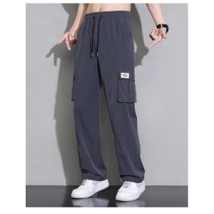 多口袋冰丝工装裤夏季薄款男士宽松透气休闲裤速干运动阔腿直筒裤