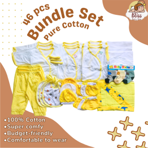 46pcs Pure Cotton Bundle Set Newborn Infant Baby Clothes Baru baruan Tie Side with Free 3in1 Bolster Set