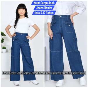 CELANA KULOT JEANS CARGO ANAK PEREMPUAN SAKU SAMPING USIA 5-17 TAHUN