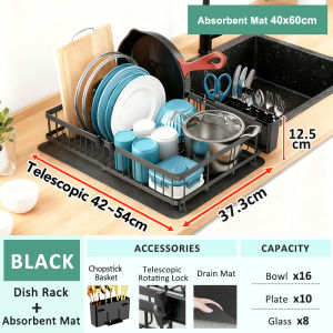 Veckle Extendable Dish Drying Rack Dish Drain Rack with Absorbent Mat Scalable Telescopic 42-54cm Dish Drainer Rack