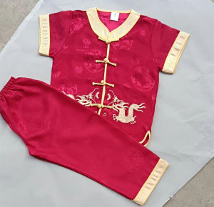 Boys Traditional Embroidered Golden Dragon Satin Silk Tang Suit Short Sleeve Pants Chinese New Year Festive Clothes Set | Baju Tradisional Kanak Kanak Hanfu Tang Suit Budak Lelaki Sutera Sulaman Naga