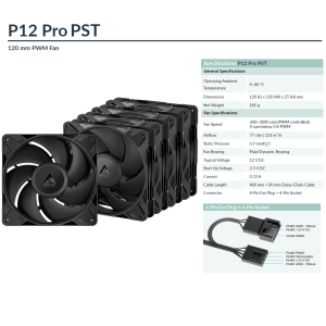 ARCTIC P12 Pro PST - 5 Pack P14 Pro PST - 5 Pack 120/140mm PWM Fan with Y-Cable Splitter 0 RPM <5% PWM Fluid Dynamic Bearing 4-Pin - Black