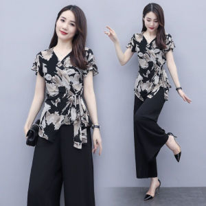 Summer Ladies Two-piece 2021 Womens Korean Style Temperament Fashion Printed Top + High-waist Wide-leg Pants Two-piece Large Size 4xl