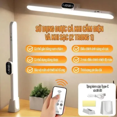 Đèn Học Led Để Bàn Không Ánh Sáng Xanh Bảo Vệ Mắt Có Đồng Hồ Đế Dán Tường Hoặc Chân Đứng Tiện Lợi