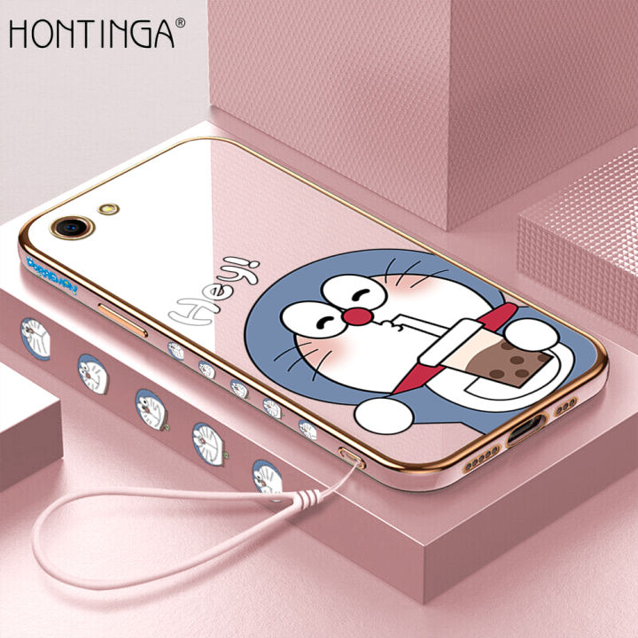 Hontinga เคสโทรศัพท์ OPPO A83สไตล์แฟชั่น,เคสมือถือแฟชั่นลายการ์ตูนโดเรม่อนสุดหรูชุบโครเมียม TPU แบบนิ่มเคสโทรศัพท์ทรงสี่เหลี่ยมมีกล้องป้องกันกล้องเคสยางกันแรงกระแทกสำหรับเด็กผู้หญิง