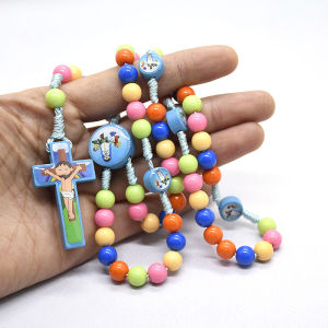 [fenggongshuode] Cartoon Cross Pendant Necklace Kid Rosary Beads Catholic Religious Jewelry